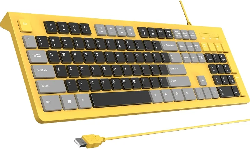 Computer Keyboard Wired, Plug Play USB Keyboard, Low Profile Chiclet Keys, Large Number Pad, Caps Indicators, Foldable Stands, Spill-Resistant, Anti-Wear Letters, Full Size, Yellow