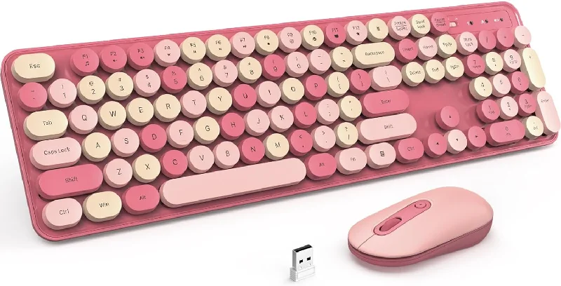 Wireless Keyboard and Mouse, Silent Keyboard Mouse Combo, Full-Sized Colorful Typewriter Keyboard with Round Keycaps, 2.4G Cute Mouse Compatible with PC/Laptop/Computer